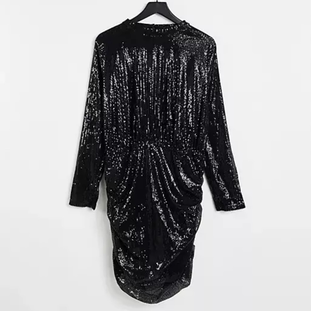 In The Style Black Sequin High Neck Long Sleeve Ruched Dress Size: 18 NWT ASOS